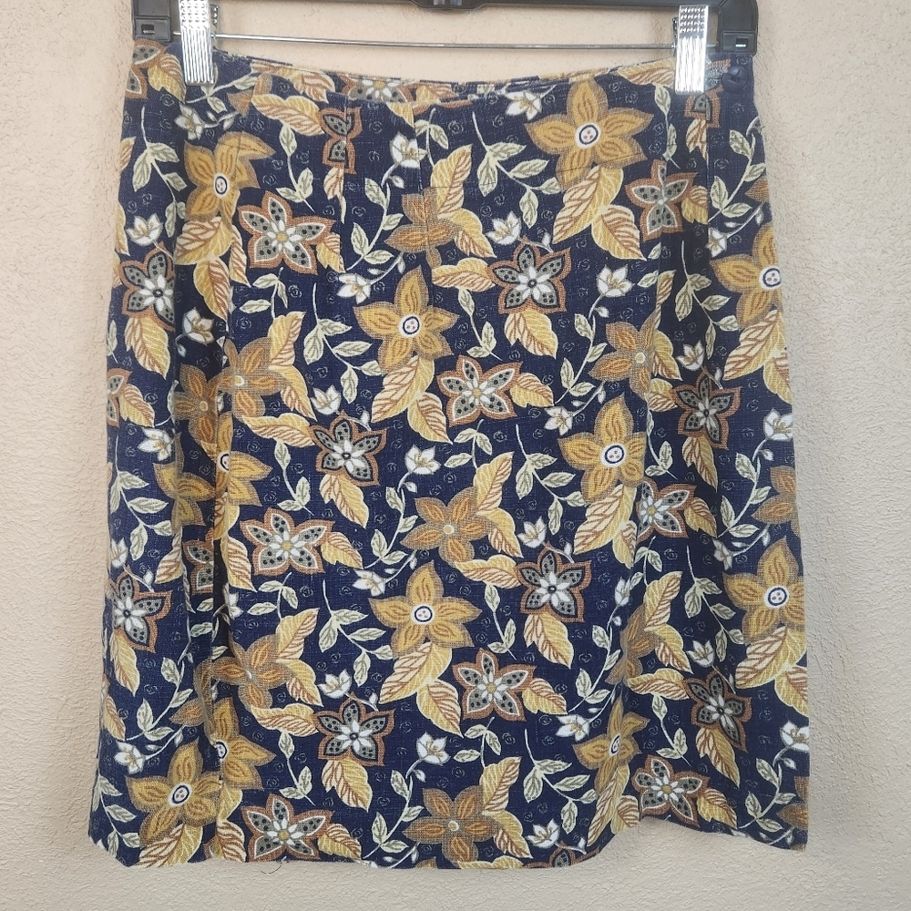 Traditional Trading Co. Vintage Blue And Yellow Floral Flax Blend Skirt 6 (7769)